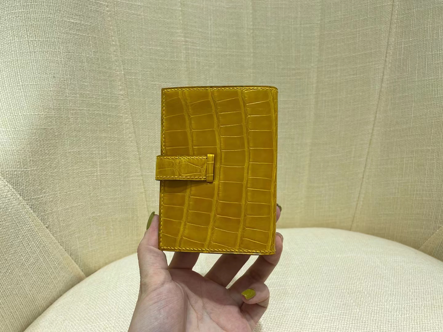 Hermès（爱马仕）Bearn 小H 鳄鱼卡包 亮面 方块 9D 琥珀黄 顶级纯手工
