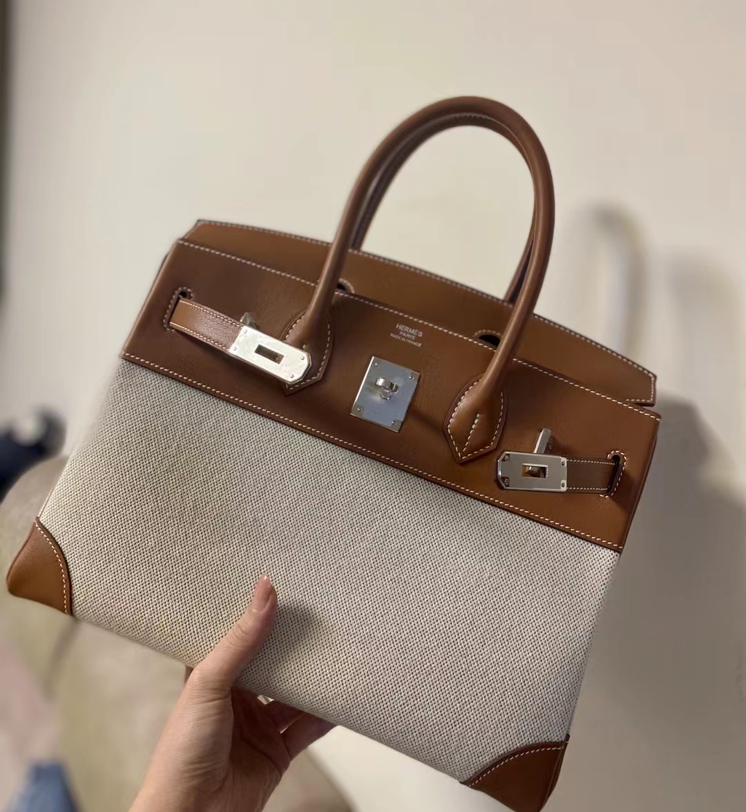 Hermès（爱马仕）Birkin 铂金包 Swift 拼 帆布 银扣 30cm