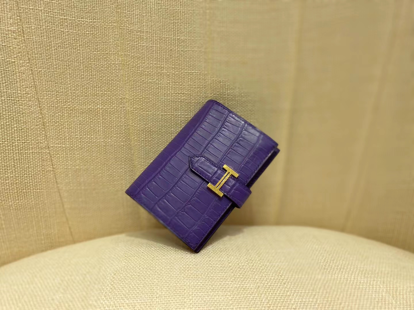 Hermès（爱马仕）Bearn 小H 鳄鱼卡包 雾面 方块 9J 水晶紫 顶级纯手工