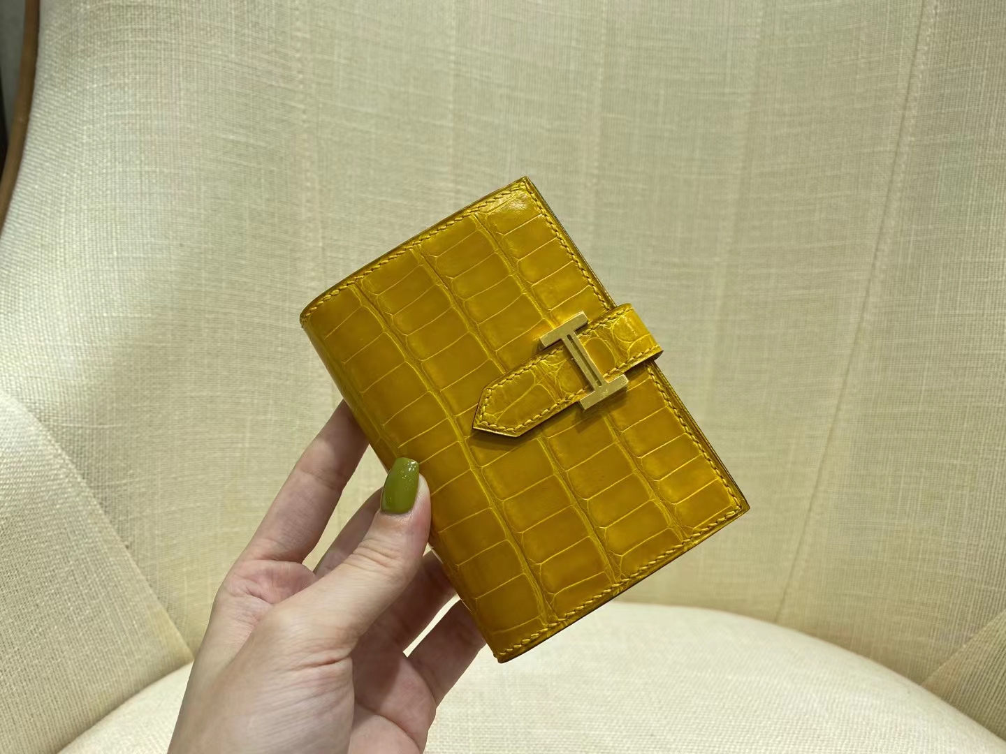 Hermès（爱马仕）Bearn 小H 鳄鱼卡包 亮面 方块 9D 琥珀黄 顶级纯手工