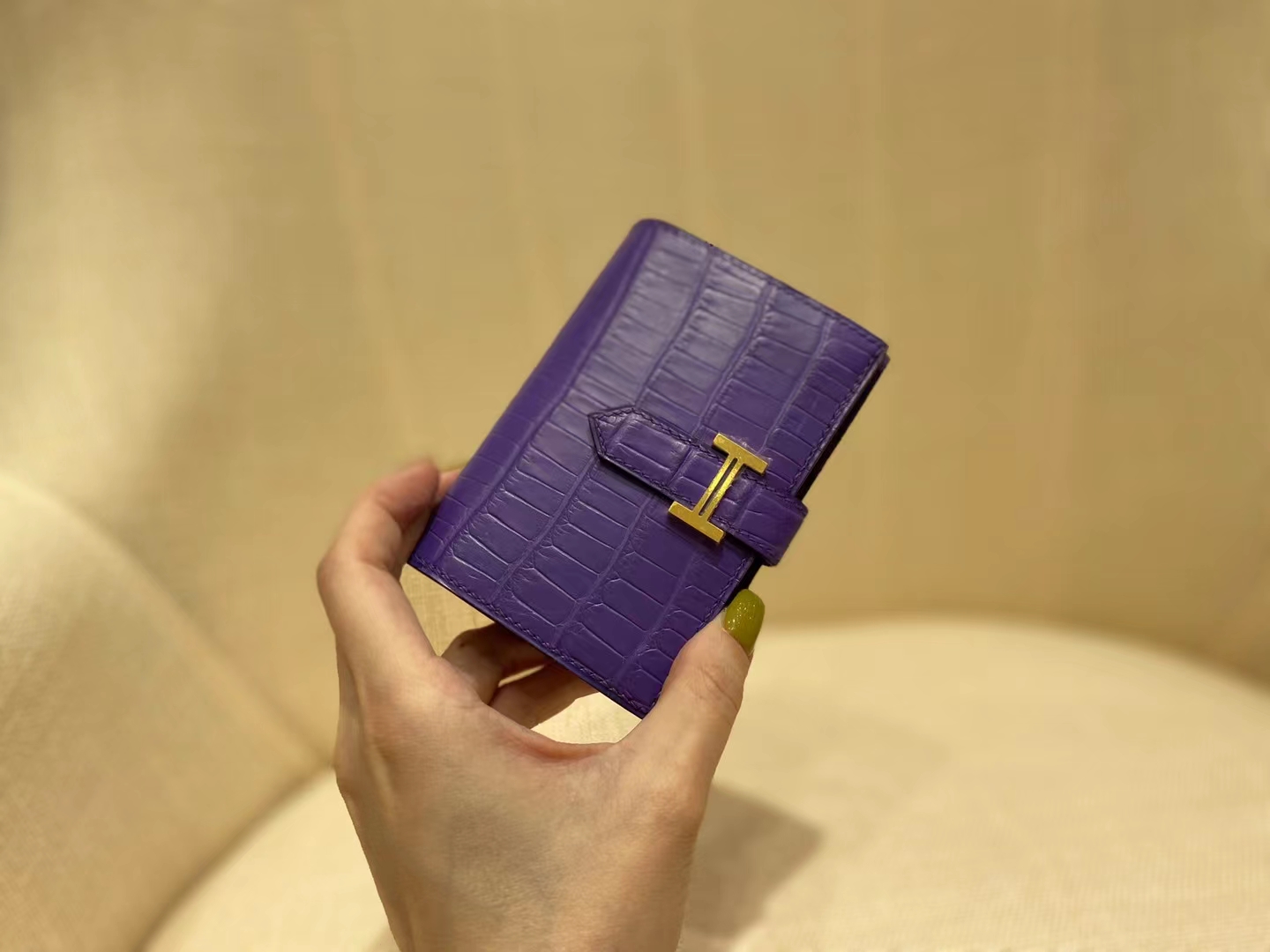 Hermès（爱马仕）Bearn 小H 鳄鱼卡包 雾面 方块 9J 水晶紫 顶级纯手工